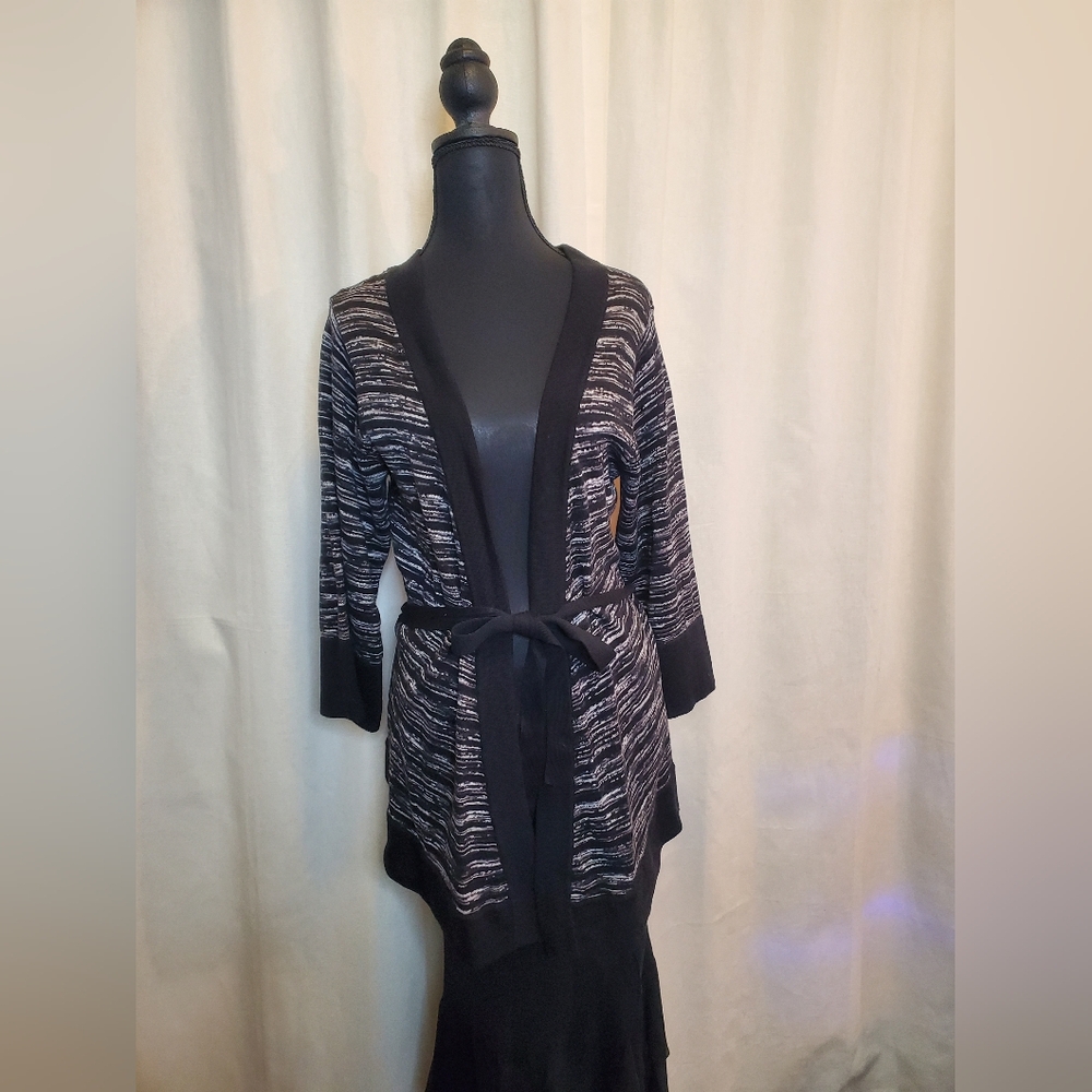 Worthington Black and White Belted Open-Front Cardigan